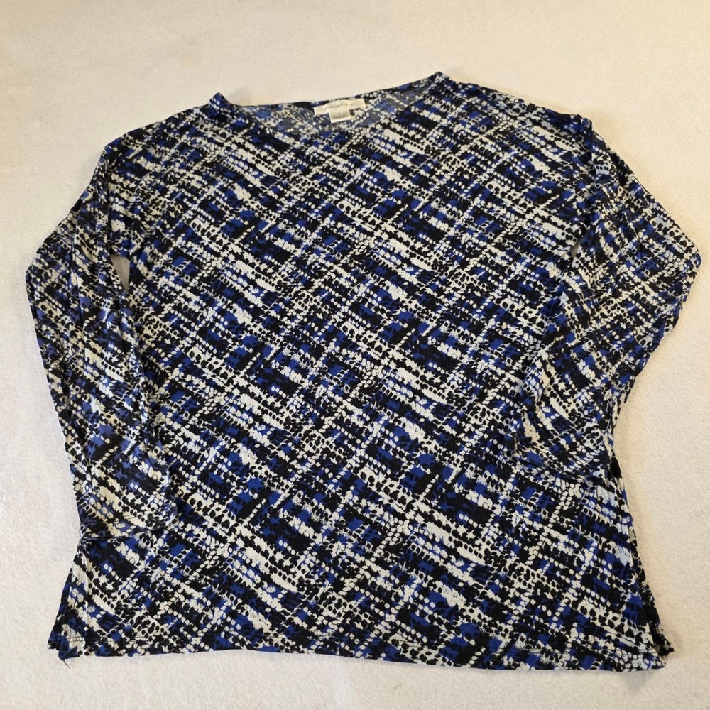 August Silk Blue Black White Abstract Print Rayon Round Neck Long Sleeve Top S